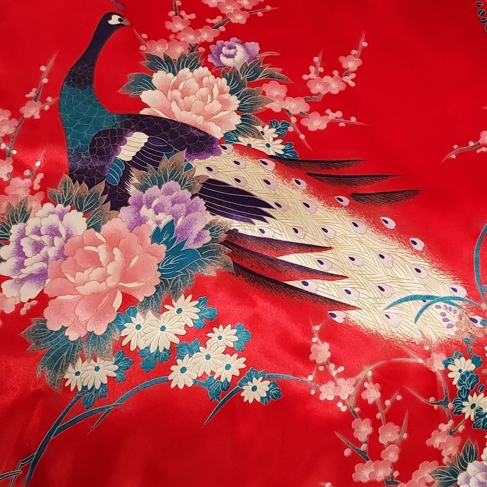 FP in Tokyo Retro Boho Grandmacore Whimsigoth Goth Peacock Satin Kimono Robe L - Picture 5 of 9